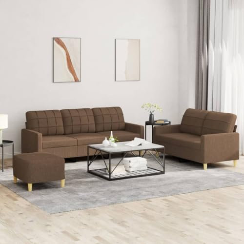 Willood 3-TLG. Sofagarnitur Mit Kissen & Fußhocker Braun Stoff Sofa mit Armlehnen und weichen Kissen, geeignet für Wohnzimmer, Holzbeinen