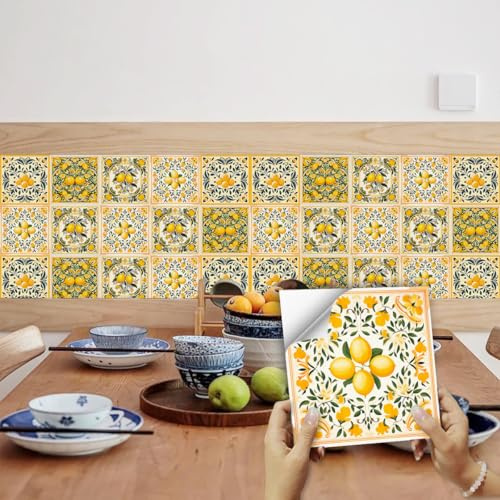 Piastrelle Adesive Cucina 20X20 CM Giallo Limone Mattonelle Adesive Bagno Pvc Impermeabile Adesivi per Piastrelle Parete Fai da Te Adesivi per Cucina Decorazioni(10PCS)