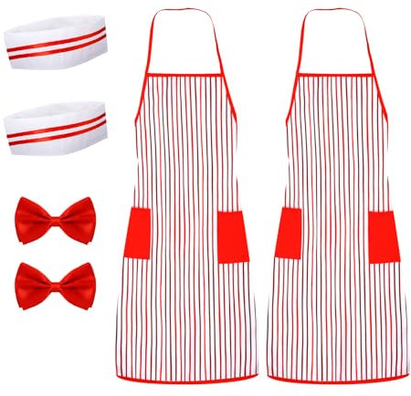 Mikovivi 6 Teiliges Kellnerkostüm-Set im 50er-Jahre-Stil, Rot-Weiß Gestreifte Schürze Kochmütze Rote Fliege Karnevalskostüm für Erwachsene Halloween Weihnachten Cosplay Party