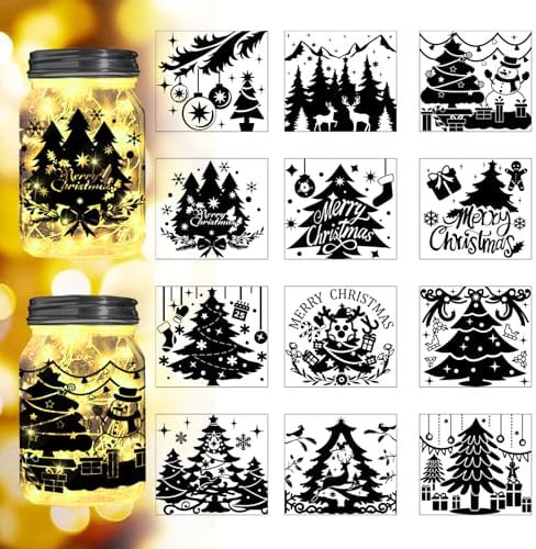 Peacoblue Christmas Tree Silhouette Cutouts for Jars, Mason Can, Glass, Wishing Bottle Decor(No Stickers), 12Pcs Reusable Silhouette for Lantern DIY Craft Kit Jar Decals Art Mural Home Garden Decor