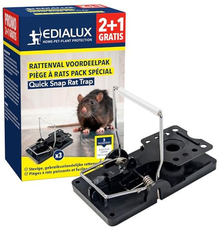 Edialux Quick snap rattenfalle Vorteilspack - 2+1 gratis, robuste schnappfallen aus hochwertigem Kunststoff und verzinktem Metall, effektive ungiftige rattenbekämpfung, langlebig und einfach zu