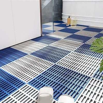Interlocking Non Slip Bathroom Floor Mats Set 4Pcs Soft TPE Tiles 30x30cm Waterproof Stripe Mat for Shower Drain Pool Kitchen Blue+White