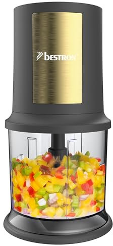 Bestron Hachoir électrique, mini hachoir idéal pour les légumes, les oignons, Deux lames de coupe & capacité de 500 ml, Golden Platin Collection, Coleur: Or/Gris