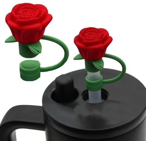 Silicone Rose Straw Cover Cap for Stanley, Rose Flower Straw Toppers, Valentine's Day Straw Covers Cap for Stanley Cup, Reusable Rose Flowers Dust-Proof Straw Tip Covers, 3D Rose Straw Cap 10mm