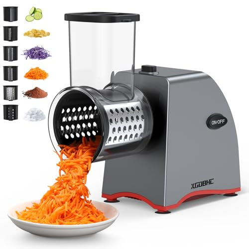 Electric Cheese Grater Upgraded Salad Machine with 6 Replaceable Stainless Steel Blades, 250W Electric Shredder, Kitchen Slicer with One-Touch Control for