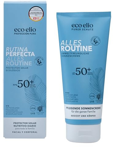 eco elio Rutina Perfecta Crema Solar SPF 50+ Facial y Corporal, Natural, Sin Octocrileno ni Perfume, Microplásticos-Free, Cosmética Eco para Familias, Piel Sensible, Uso Diario, Formato Familiar