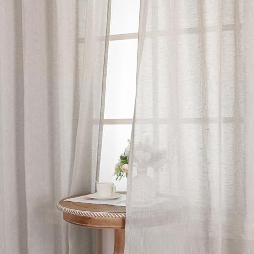 BellaHills Cortinas de Lino Natural Translúcido 140x122cm,Cortinas Cortas para Ventanas Visillo Blanco Semi Transparente para Salón y Dormitorio,Lino