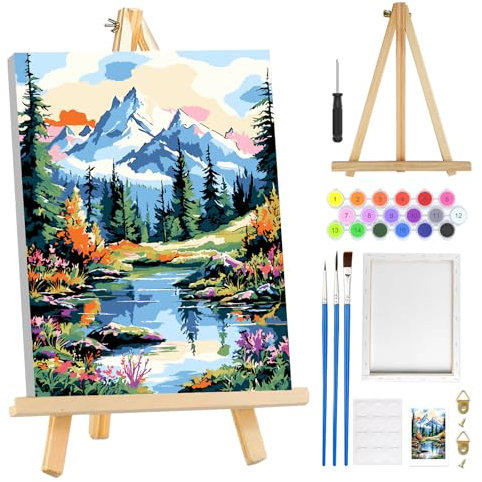 MOGTAA Montagne Peinture Numero Enfant Adulte avec Cadre, Paysage Peinture par Numero Adulte avec Chevalet, DIY Numéro d'Art Kits, Loisirs Créatifs Adultes, pour décoration, 20x30cm