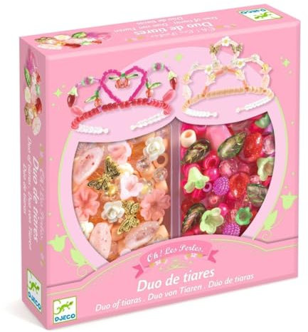 Djeco Schmuck-Bastel-Set Tiaras Rosa | Bastelset für 2 Kronen mit Acrylperlen & Garn | DIY Krone für Kinder ab 6 Jahren | Kreativset Prinzessin Mädchen