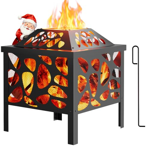 Feuerstelle Outdoor, Stahl Feuerschale mit Mesh Funkenschutz für Camping, Terrasse, Hinterhof, Garten, Picknick, Lagerfeuer, Nutzbar mit Holz oder Kohle, Schwarz