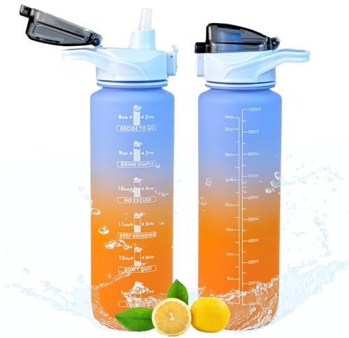 ZZYJRCX Sports Water Bottle, 1 Litre Water Bottle with Straw and Time Marking, BPA-Free, Suitable for Carbonated Drinks, Leak-Proof Water Bottle for Fitness, Cycling (Blue Orange, 1 x 1 L)