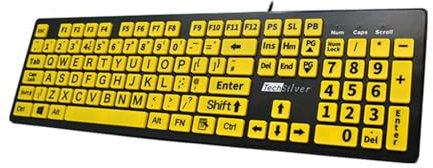 TechSilver Large Print Keyboard – High Contrast Yellow on Black – Wired USB for Visually Impaired & Seniors