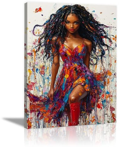 AMXBZC Images sur toile pour femmes africaines Graffiti Black Girl art Tableaux Décoration Murale peinture abstraite Femme Noire -Déco Salon et Chambre(rouge)-80x120cm Encadrée