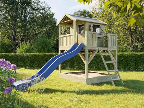Prestige Garden Stelzenhaus Funny XXL | 201x188x303 cm | KDI Kiefernholz | Mit Sandkasten & Blauer Rutsche | Veranda, Balkon & 150 cm Podest | Kinder Outdoor Spielhaus