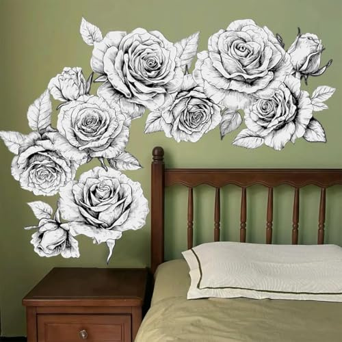 Runtoo Wandsticker mit schwarzen und weißen Blumen, Boho-Rose, für Wohnzimmer, Schlafzimmer, Badezimmer