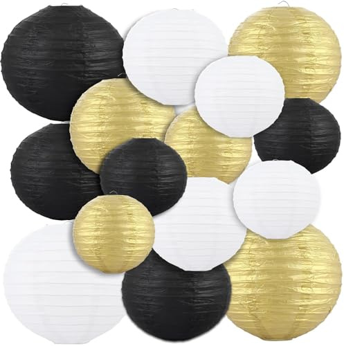 LOLYSIC 27 Stuck Lampions Papier Laternen Lampions Papierlaterne Runde für Hochzeiten Gartenpartys Geburtstage Verschiedene Größen von 15, 20, 25cm (Weiß,Gold,Schwarz)