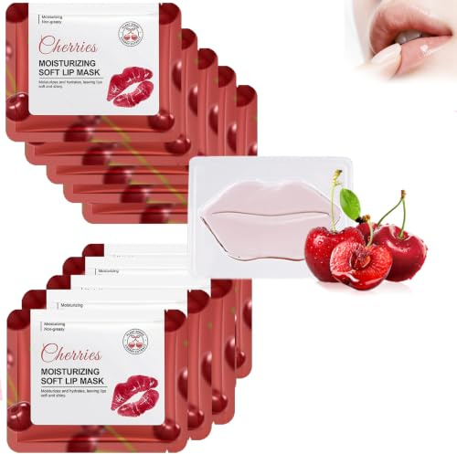 Virecose 10pcs Masque à Lèvres au Collagène, Cerise Masque Levres Patch | Collagène Coussinets hydratants pour les lèvres anti-rides Anti-âge Firms Hydrate les lèvres