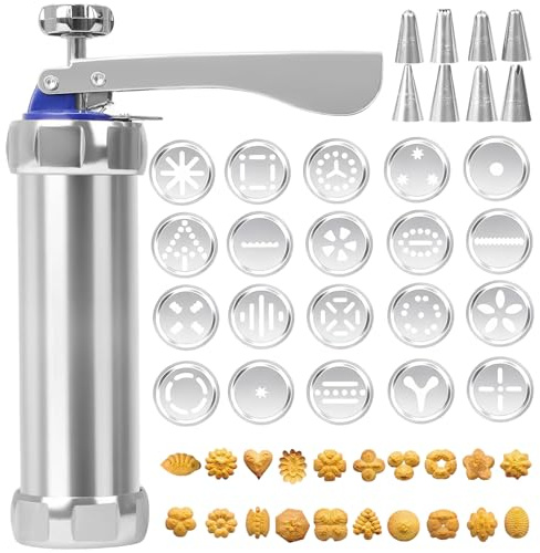 TELAOBAN Gebäckpresse für Spritzgebäck Edelstahl, mit 20 Schablonen und 8 Edelstahl Tüllen, Kekspresse, Spritzgebäck Presse, Plätzchenpresse Pistolen Set, Teigspritze, für Kekse Kuchen Plätzchen