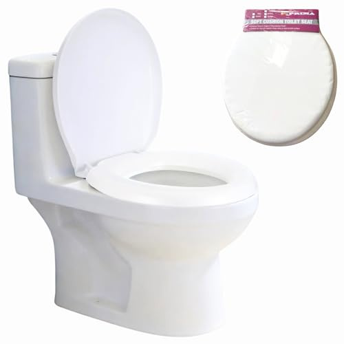 Soft Close Toilet Seat Standard Vinyl White Toilet Seat 18 inch Foam Cushion Thermoplastic Seat Quick Release Hinges Oval Thermoset WC Seat ABS Fixings Easy Clean