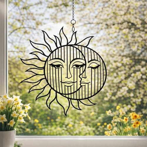 Sonne und Mond hängende idyllische Fensterdeko aus schwarzem Kunststoff – ganzjährig vielseitig einsetzbar- stilvolles Design 22 cm – Für Frühling Sommer Herbst und Winter