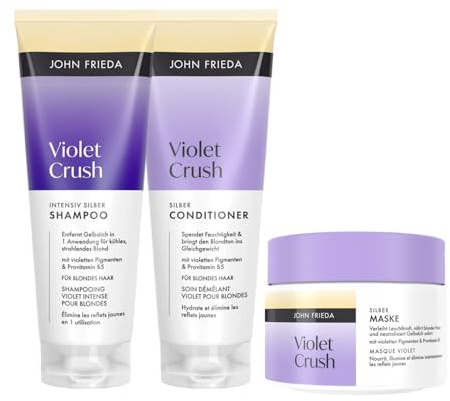 John Frieda Violet Crush Anti-Gelbstich Set – Shampoo, 250 ml, Conditioner, 250 ml, Haarmaske, 250 ml – Haartyp: blond mit Gelbstich (natürlich, coloriert oder gesträhnt) - Verleiht Leuchtkraft