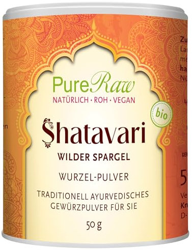 Shatavari Pulver Bio (Vegan Ayurvedisch Rohkost) - Asparagus racemosus - Ayurveda Wurzelpulver ohne Zusatzstoffe - Abgefüllt & Kontrolliert in Deutschland - Indischer Spargel | PureRaw 50g