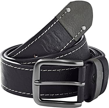 Jan Vanderstorm Herren Gürtel Borak mit zwei Lederschlaufen | Leder-Mischung | mit Metall-Gürtelschnalle und Nieten | Maskuliner Look | große Größen L-7XL Schwarz, 145