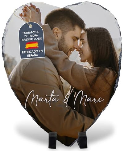 Portafotos de Piedra Personalizado con Foto y Texto. Fotos Personalizadas Regalo. Regalo Aniversario Pareja. Marcos de Fotos Originales. Regalos San Valentín. Portaretratos para Fotos. 20x25cm CORAZÓN