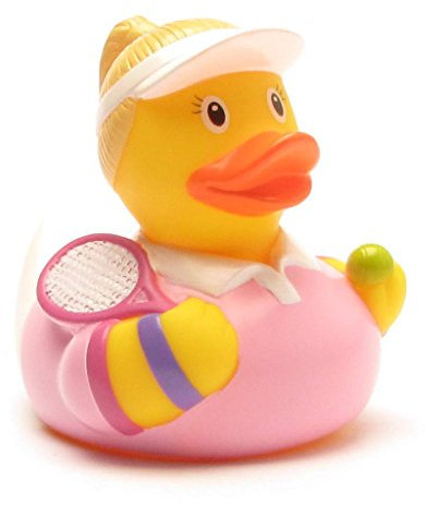 Duckshop I Badeente Tennisspielerin I Quietscheente L: 7,5 cm I inkl. Quietscheentchen-Schlüsselanhänger im Set I Geschenk Sportler I Präsent Sammler