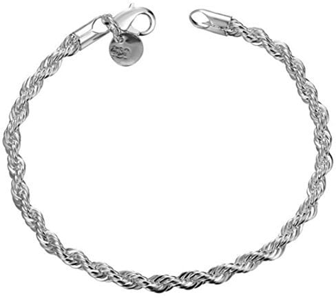 Greendou Fashion Jewelry 925 Sterling Silver 4 mm Twisted French Rope Chain Bracelet Size 8 inches, 8 inches, Silver