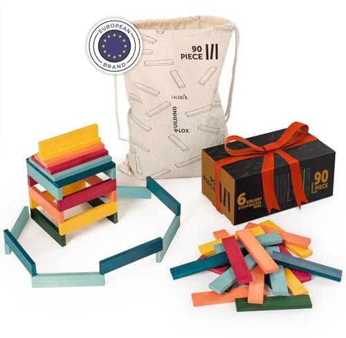 Laleni Holzbausteine Bunt 90 Stück Kiefer - Bausteine Bunt Holz - Holzklötze für Kinder - Holzklötzchen zum Spielen + Beutel - Holzspielzeug - Bauklötze - Holzstäbe zum Basteln - Bastelklötzchen Holz