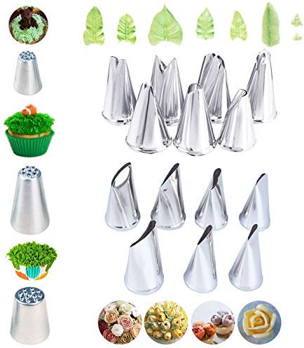 Set di 7 beccucci grandi per tubazioni, 3 punte per crema di erba russa fai da te, strumento da forno e 7 ugelli per tubazioni in acciaio inox a foglia (17 pezzi)