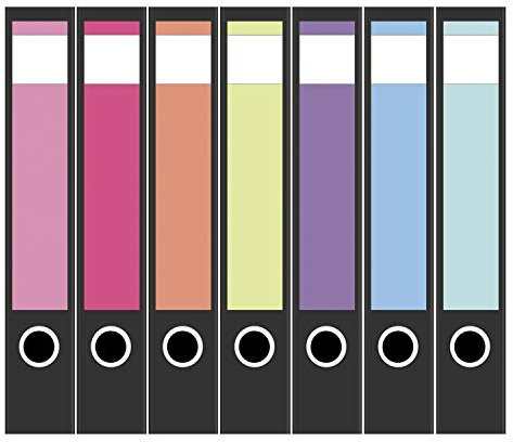 Ordneretiketten schmal selbstklebend – 7 Etiketten für Aktenordner | Design Ordnerrücken Ordner Aufkleber beschriftbar, ca. 19 × 3,7 cm - Farben Mix Bunt - Made in Germany