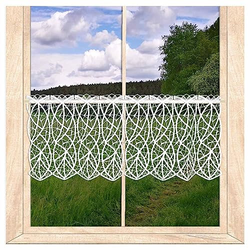 atelier alles-Spitze Elegante weiße Scheibengardine Cloe aus zarter Luftspitze | Moderner Kurzstore mit fantasievollem Wellenmuster | Höhe x Breite 27 x 96 cm