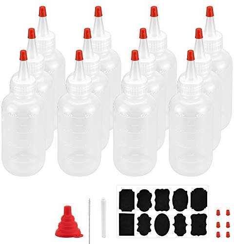 TANCUDER 12 PCS Plastic Squeeze Bottles 4oz Clear Seasoning Dispensers with Red Tip Caps, Reusable Squeeze Containers Squirt Measurement Bottles with Chalk Labels, Pen, Funnel, Brush for Crafts Glue