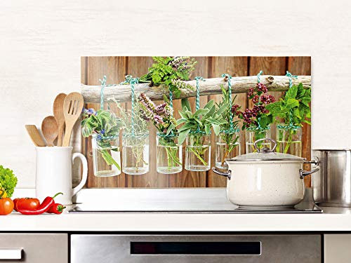 GRAZDesign Spritzschutz Küche Glas Frische Kräuter Braun Holz Optik, Küchenrückwand Glas für Herd und Spüle, Rückwand Küche Glasplatte mit Motiv, 100x60cm