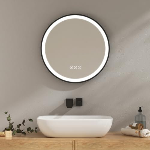 EMKE Badspiegel mit Beleuchtung 50cm wandspiegel rund mit 3 Lichtfarbe dimmbar, Antibeschlag, Speicherfunktion,Touch,3 Stunden automatische Abschaltung,energiesparend Spiegel rund