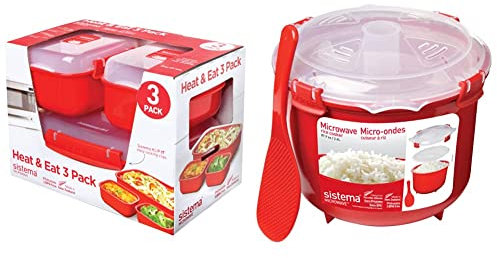 Sistema 2703 Confezione 3 Contenitori Polipropilene Microwave, Rosso & Rice Cooker, Plastic, Rosso, 2,6L