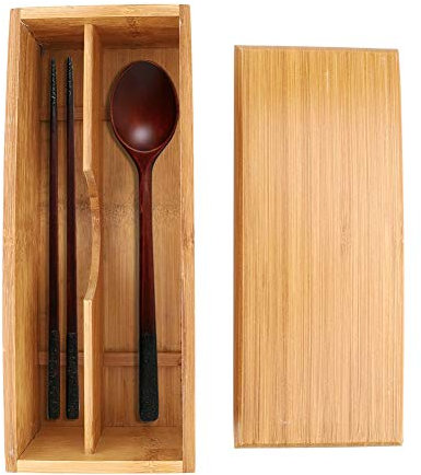 Alvinlite Besteckaufbewahrung aus Bambus mit Deckel, Besteckkasten mit 2 Fächern, Japanischer Besteckbox, Bambus Organizer für Küchenbesteck, 27 x 11 x 6,6 cm Aus Holz