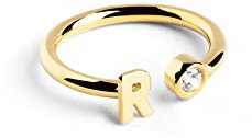 SINGULARU - Personalisierter Letter Spark Ring. Sterlingsilber mit 18 Kt Vergoldeter Beschichtung und Zirkonia. Schmuck für Damen. Buchstabe R.