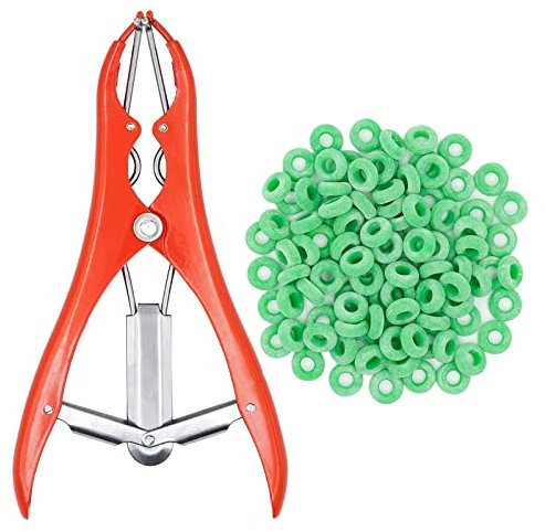Pince de Castration Pour Moutons, Pince de Castration Pour Animaux Bande de Castration en Acier Inoxydable Avec 100 Anneaux éLastiques en Caoutchouc Pour Bovins Ovins et Porcins (Couleurs AléAtoires)