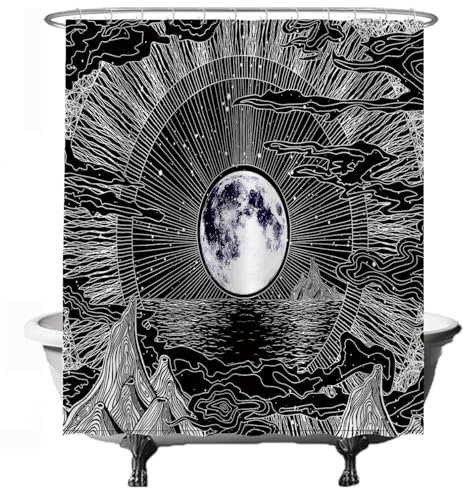 Ulticool Duschvorhang - Mond Sterne Natur Wolken Bohemian Psychedelic Berge - Anti Schimmel - 180 x 200 cm – Waschbar – Wasserdicht - mit 12 Ringe - Schwarz Weiß