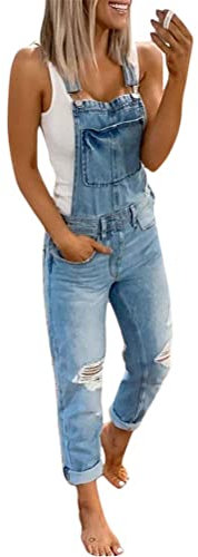Onsoyours Salopette Donna Jeans retrò in Denim Lunga Regolabile Cinturino Senza Maniche Tute Baggy Pantaloni Dungarees Overall Jumpsuit con Tasche E Azzurro L