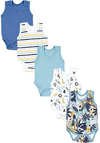 TupTam Baby Jungen Achselbody – Weicher Baby Body im 5er Pack aus Baumwolle, Body Baby Unifarben OEKO-TEX zertifiziert, Farbe: Koala Safari Streifen Mintgrün Orange Blau, Größe: 74