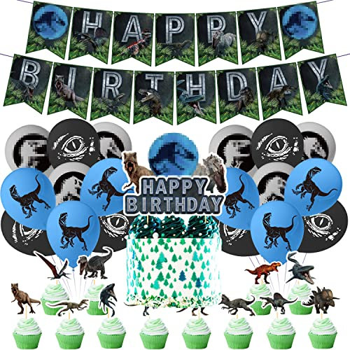Doyomtoy Dino Geburtstag Deko Jurassic Dinosaur Luftballon Jurassi DinosBirthday Decoration set, Dino Luftballon+Birthday Banner+Cake Top Decoration