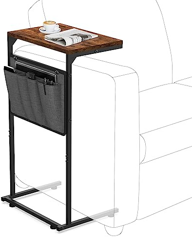 Vantic C Shaped End Table, Small Side Table for Couch and Recliner, Slide Under Sofa Tray Desk with Storage Bag for Living Room and Bedroom, Rustic Brown