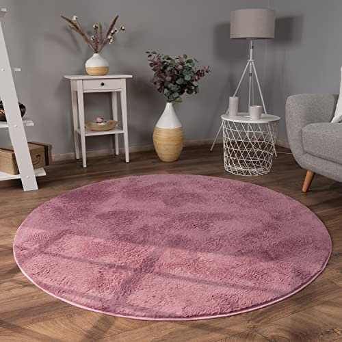 Paco Home Teppich Wohnzimmer Kunstfell weich waschbar modern elegant pflegeleicht Felloptik Uni Seidenglanz flauschig Kurzflor, Grösse:Ø 100 cm Rund, Farbe:Lila Rosa