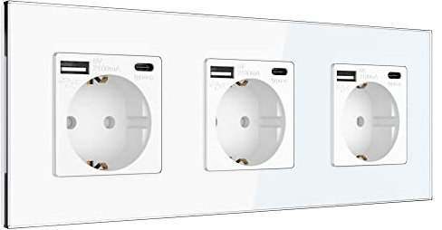 PULSAR Steckdose 3x USB-C 3x USB-A Schnell-Ladegerät Standard Schuko Steckdose 3 Fach 16A Unterputz mit USB Typ C, A Intelligente Erkennung Wandsteckdose Doppelsteckdose Quick Charge für Büro Zuhause