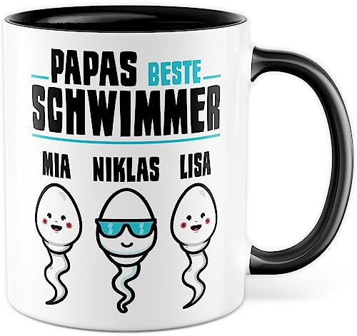 Tasse personalisiert Vater Geschenk, Papas beste Schwimmer - eigene Namen Geschenkidee Kaffee-Becher Kaffeetasse mit Spruch lustig Vatertag Sohn Tochter drei Kinder (Drei Kinder Personalisiert)