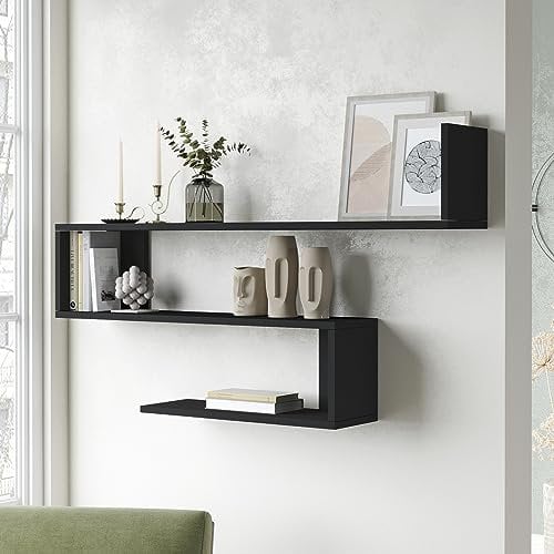 [en.casa] Wandregal Kitee mit 3 Regalböden Hängeregal 120 x 15 x 72 cm Bücherregal hängend Schweberegal Wohnzimmer Schwarz